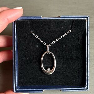 Elle Jewelry Sterling Silver Oval Pendant Diamond Necklace 18" Chain Rhodium